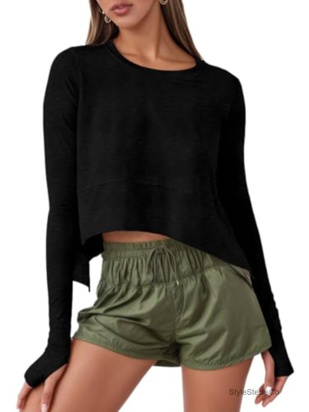 Womens Long Sleeve Cropped Athletic T-Shirt Polyester Spandex Thumb Holes